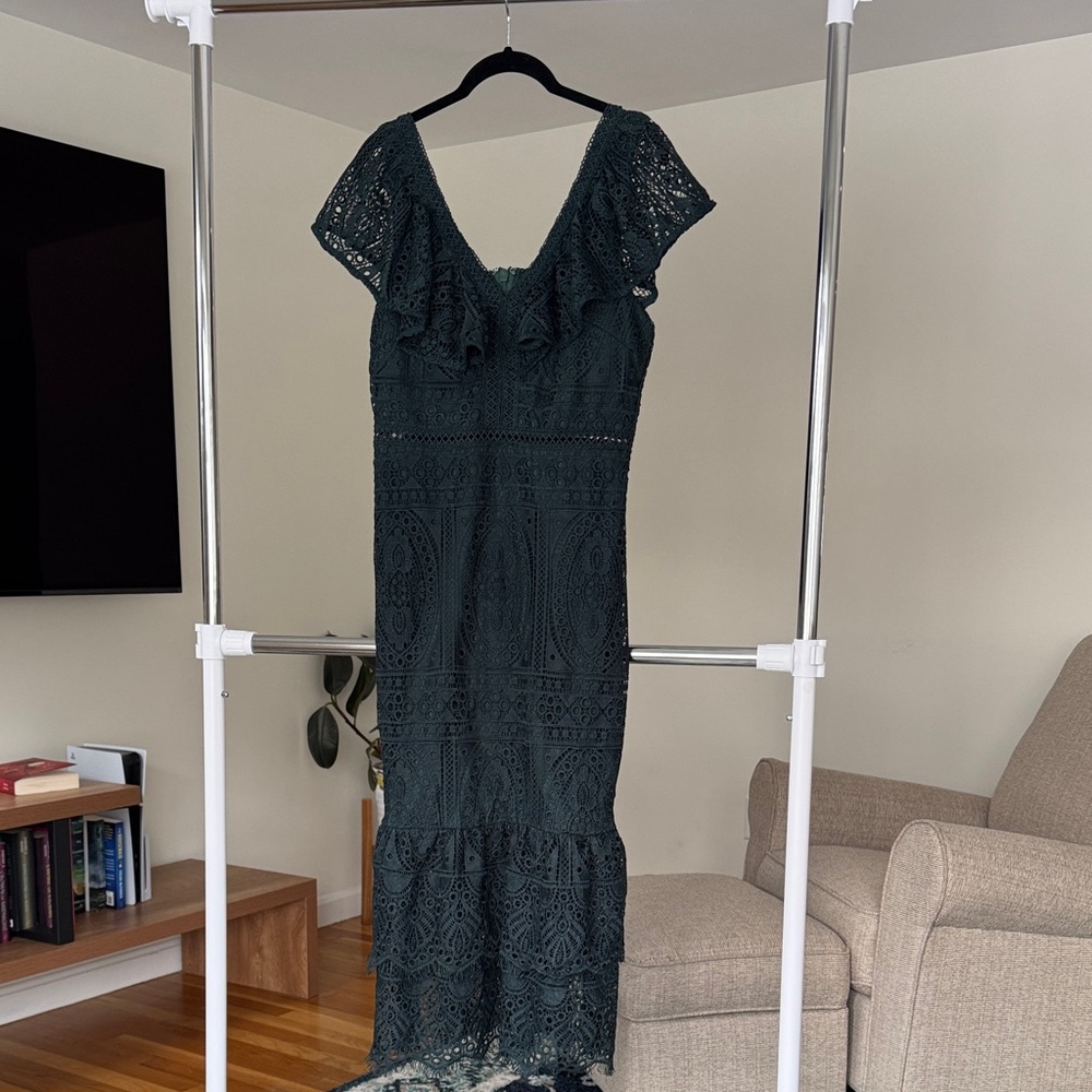 Just Me Forest Green Crochet Lace Midi Dress